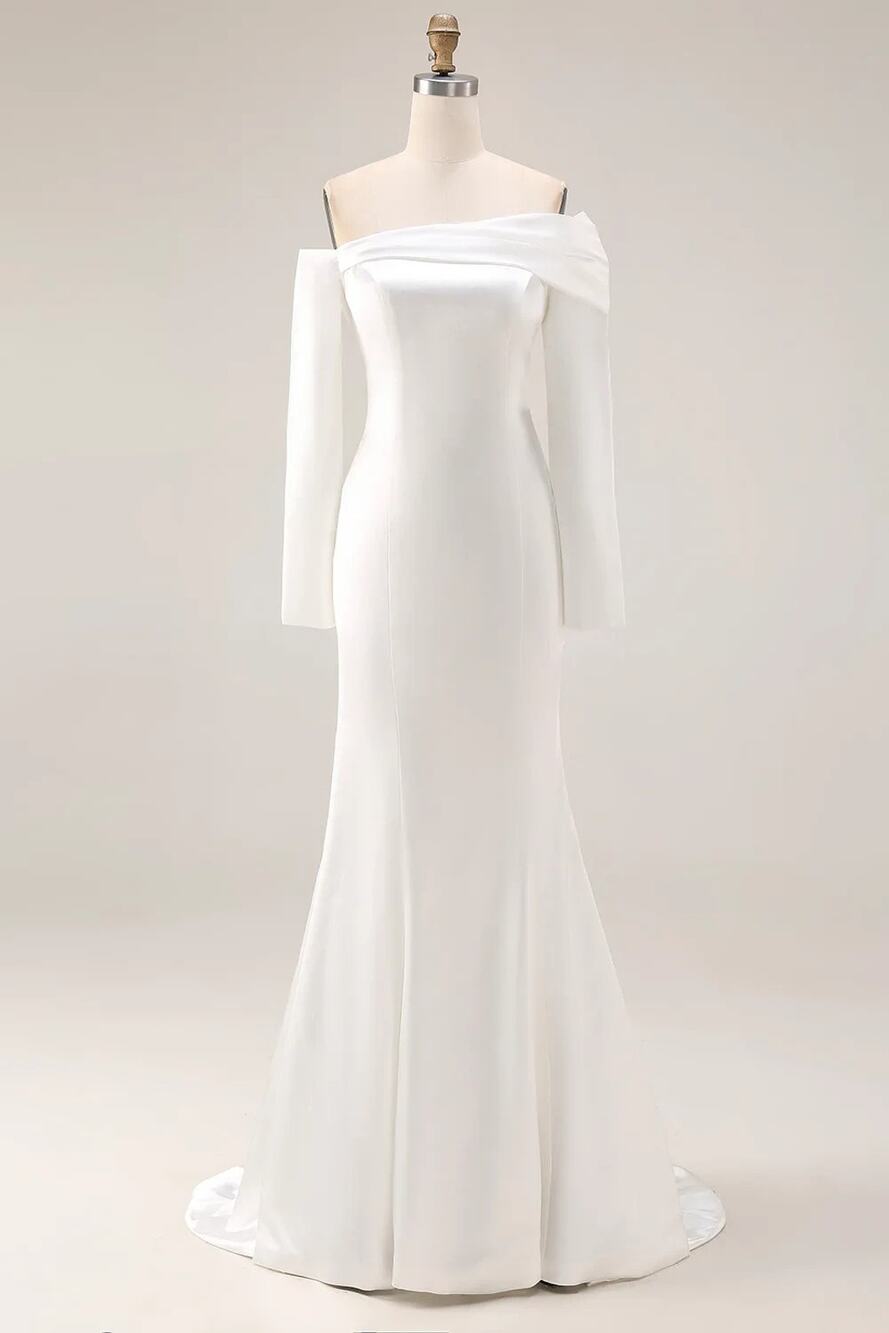White Off The Shoulder Mermaid Wedding Dress with Long Sleeve size 2